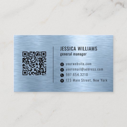 Blue Faux Brushed Metal Professional QR Code Visitenkarte (Rückseite)