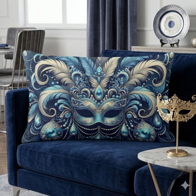 Blue Feather Masquerade Mask Illustration Lendenkissen (Blue Feather Masquerade Mask Illustration Lumbar Pillow Mockup A)