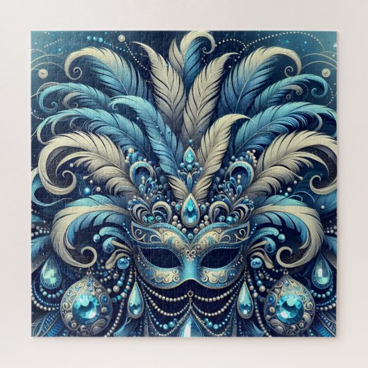 Blue Feather Masquerade Mask Illustration Puzzle (Vertikal)