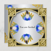 Blue Feather Silver Gold Frame Einladung (Vorne/Hinten)