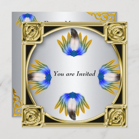 Blue Feather Silver Gold Frame Einladung (Vorne/Hinten)