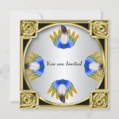 Blue Feather Silver Gold Frame Einladung (Vorderseite)