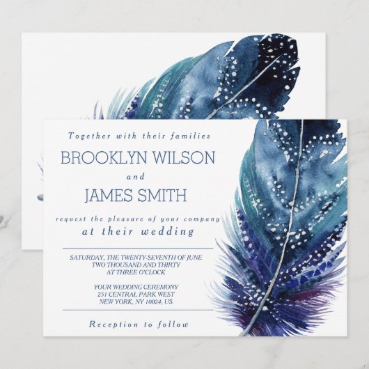 Blue Feather Wedding Einladungen (Vorne/Hinten)