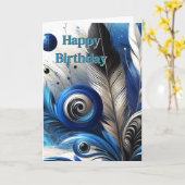 Blue Feathers Abstrakt AI Art Happy Birthday Karte (Gelbe Blume)