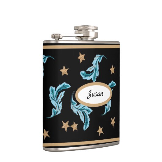 Blue Feathers and Gold Stars Boho Style on Black Flachmann (Rechts)