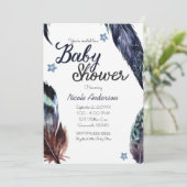 Blue Feathers Boho Bohemisch Rustic Baby Dusche Einladung (Stehend Vorderseite)