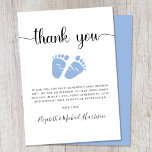 Blue Feet Baby Boy Dusche Danke Karte<br><div class="desc">Niedlich Dankeschön für die Dusche Ihres Babys mit "Danke!" in einem stilvollen Drehbuch mit Wimpern und einer blauen Wasserfarbe von Babyfüßen. Unterhalb können Sie einfach Ihre Danksagung personalisieren oder für eine handgeschriebene Notiz leer verlassen werden.</div>