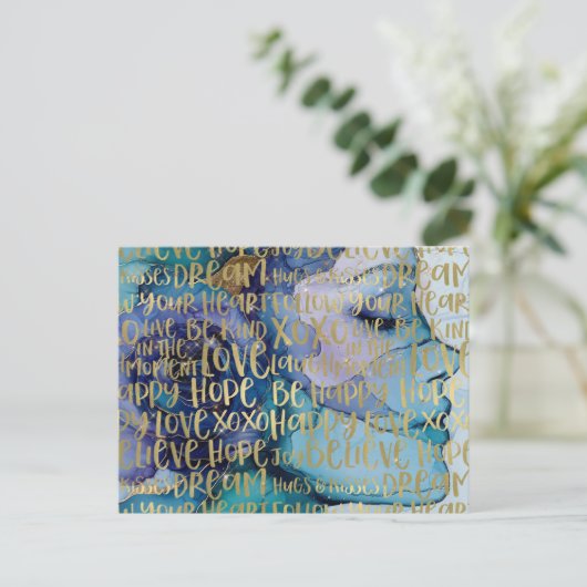 Blue Female Face Gold Inspiration Zitate Postkarte (Stehend Vorderseite)