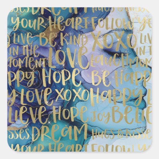 Blue Female Face Gold Inspiration Zitate Quadratischer Aufkleber (Vorderseite)