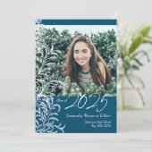 Blue Fern Vintage Photo Graduation Einladung (Stehend Vorderseite)