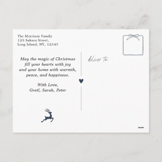 Blue: Festive Bow & Tree Doodles Holiday Postkarte (Rückseite)