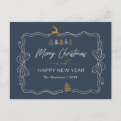 Blue: Festive Bow & Tree Doodles Holiday Postkarte (Vorderseite)