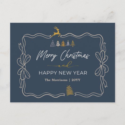 Blue: Festive Bow & Tree Doodles Holiday Postkarte (Vorderseite)