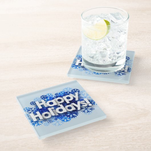 Blue Festive Happy Holidays Glass Untersetzer (Schrägansicht)