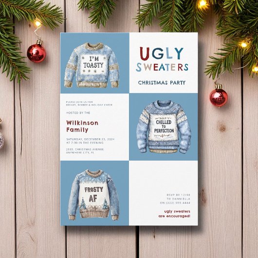 Blue Festive Ugly Christmas Sweaters Party Einladung