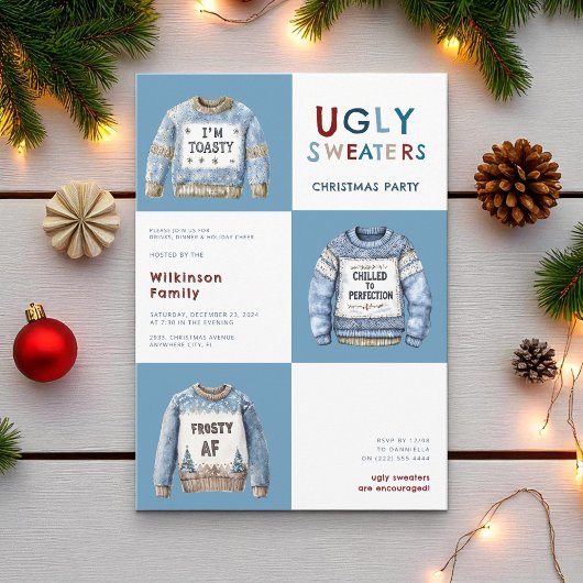 Blue Festive Ugly Christmas Sweaters Party Einladung