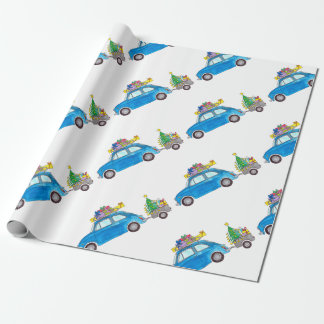 Blue Fiat 500 mit Weihnachtsgeschenken Wasserfarbe Geschenkpapier