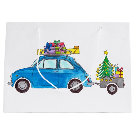 Blue Fiat 500 mit Weihnachtsgeschenken Wasserfarbe Große Geschenktüte (Vorderseite)