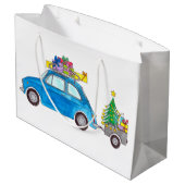 Blue Fiat 500 mit Weihnachtsgeschenken Wasserfarbe Große Geschenktüte (Rückseite Schrägansicht)