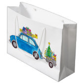 Blue Fiat 500 mit Weihnachtsgeschenken Wasserfarbe Große Geschenktüte (Vorderseite Schrägansicht)