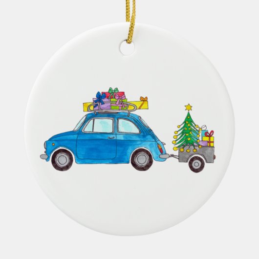 Blue Fiat 500 mit Weihnachtsgeschenken Wasserfarbe Keramik Ornament (Vorne)