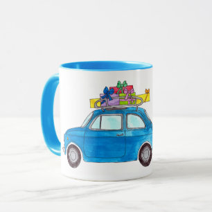 Blue Fiat 500 mit Weihnachtsgeschenken Wasserfarbe Tasse