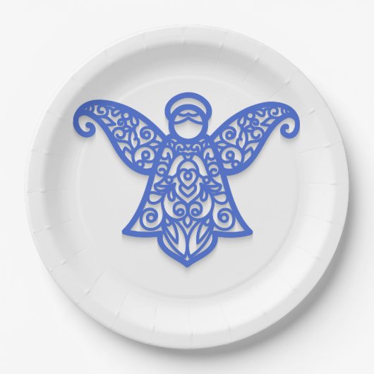 Blue Filigree Angel Silhouette Ornate Lace Pappteller (Vorderseite)