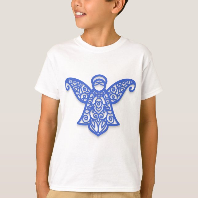 Blue Filigree Angel Silhouette Ornate Lace T-Shirt (Vorderseite)