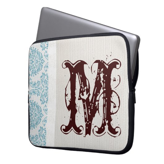 Blue Filigree Damask Monogram 15" Notebook-Gehäuse Laptopschutzhülle (Vorderseite Links)