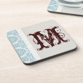 Blue Filigree Damask Monogram Drink Untersetzer (Linke Seite)