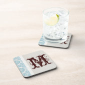Blue Filigree Damask Monogram Drink Untersetzer (Rechte Seite)