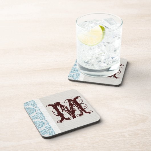 Blue Filigree Damask Monogram Drink Untersetzer (Rechte Seite)
