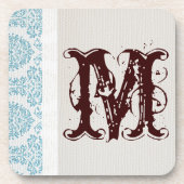 Blue Filigree Damask Monogram Drink Untersetzer (Vorderseite)