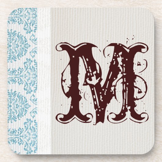Blue Filigree Damask Monogram Drink Untersetzer (Vorderseite)