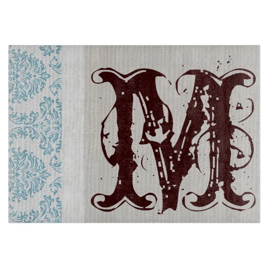 Blue Filigree Damask Monogram Glas Cutting Board Schneidebrett (Vorderseite)