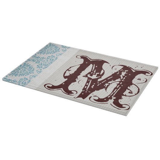 Blue Filigree Damask Monogram Glas Cutting Board Schneidebrett (Ecke)