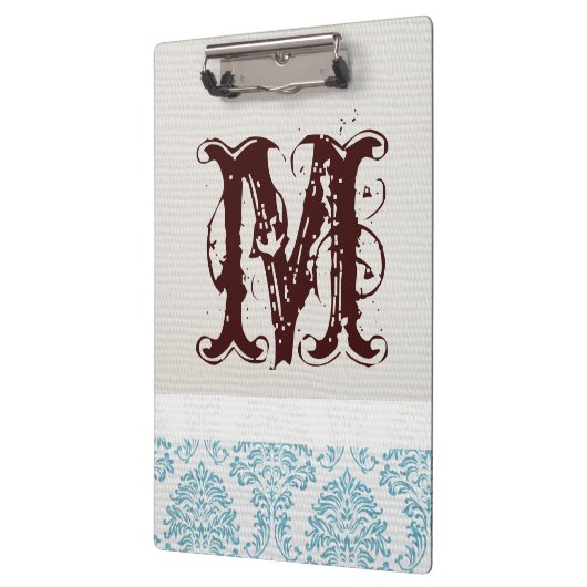 Blue Filigree Damask Monogram Initial Clip Board Klemmbrett (Links)