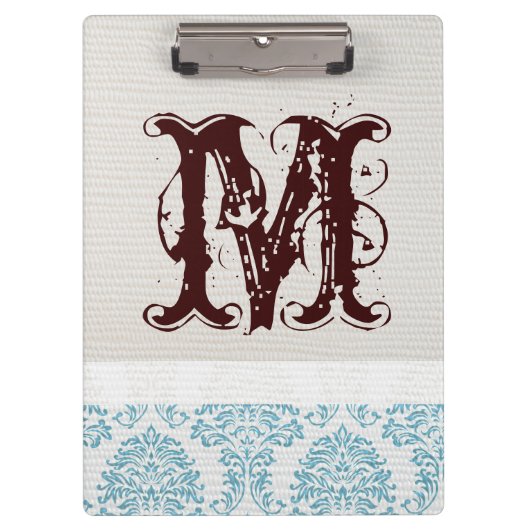 Blue Filigree Damask Monogram Initial Clip Board Klemmbrett (Vorderseite)