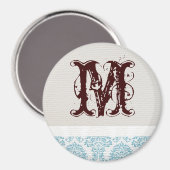 Blue Filigree Damask Monogram Initial Magnet (Vorderseite/Rückseite)