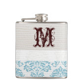 Blue Filigree Damask Monogram Whiskey Flask Flachmann (Vorderseite)