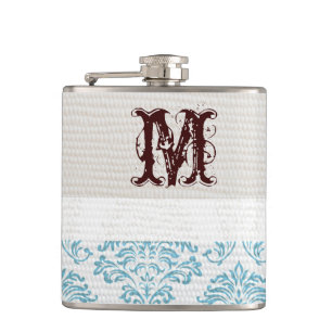 Blue Filigree Damask Monogram Whiskey Flask Flachmann