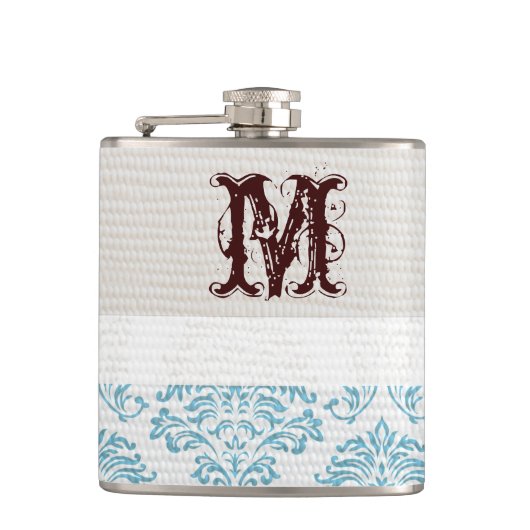 Blue Filigree Damask Monogram Whiskey Flask Flachmann (Vorderseite)