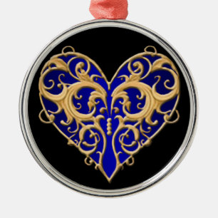 Blue Filigree Heart Round Ornament Aus Metall