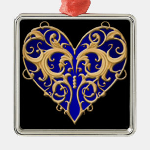 Blue Filigree Heart Square Silbernes Ornament