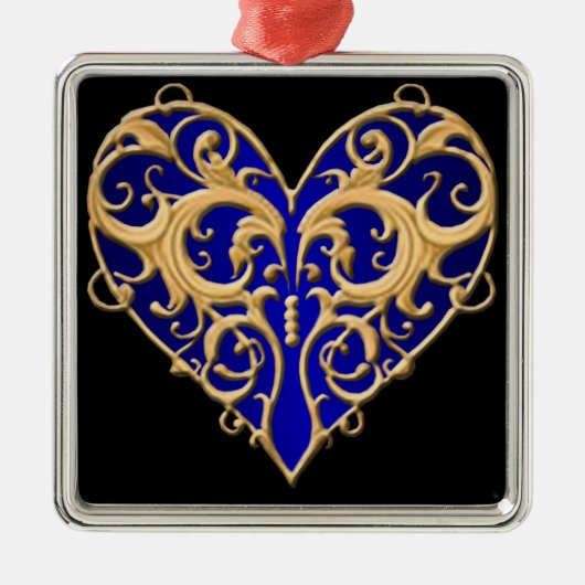 Blue Filigree Heart Square Silbernes Ornament (Vorne)