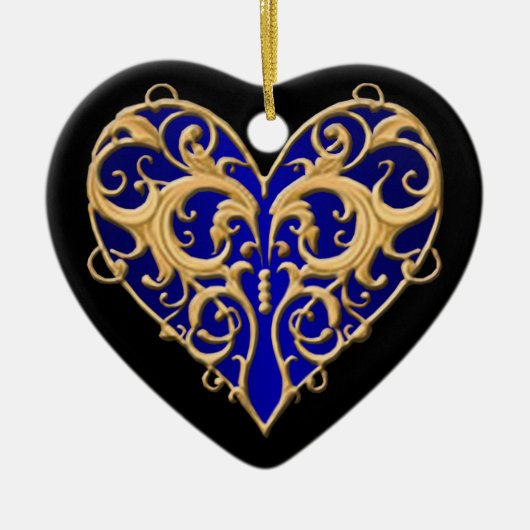 Blue Filigree Herz Keramik Ornament (Vorne)