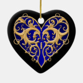Blue Filigree Herz Keramik Ornament (Hinten)