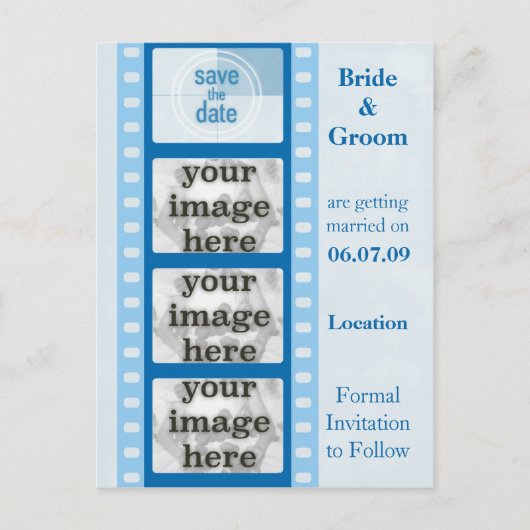 Blue Film Strip Save the Date Foto Postkarten (Vorderseite)