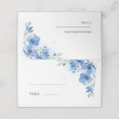Blue Fine Art Watercolor Flowers Wedding Platzkarte (Außenseite Aufgefaltet)