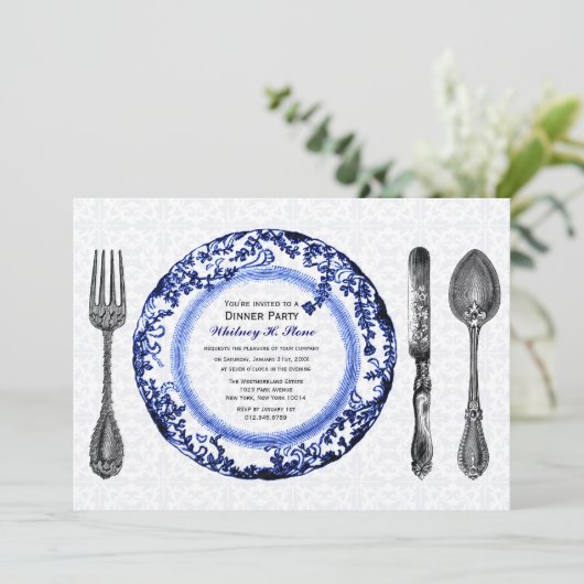 Blue Fine Dining Dinner Party Einladung (Stehend Vorderseite)